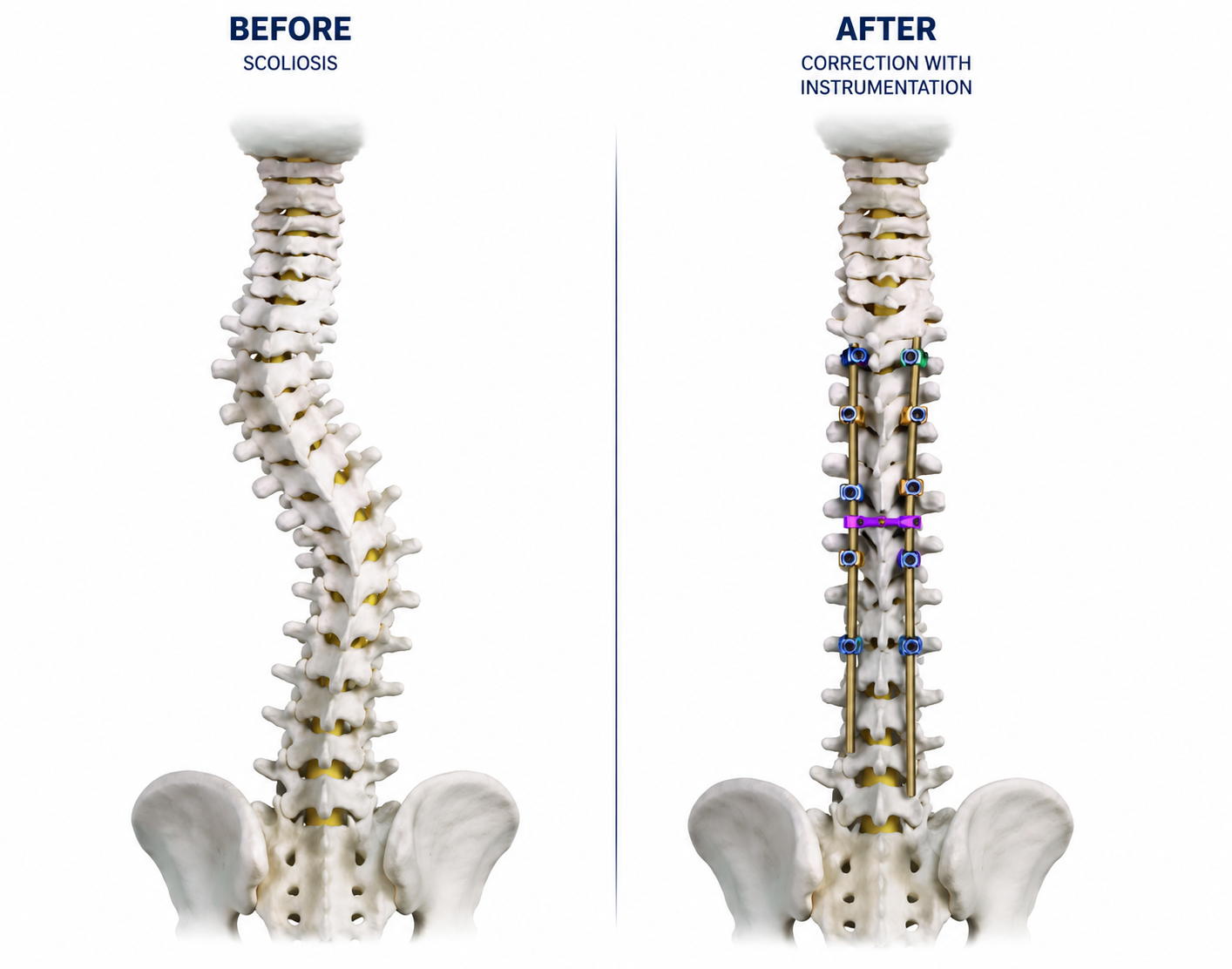 Anatomical diagram showing scoliosis before surgery on the left and the spine corrected with pedicle screws and rods on the right