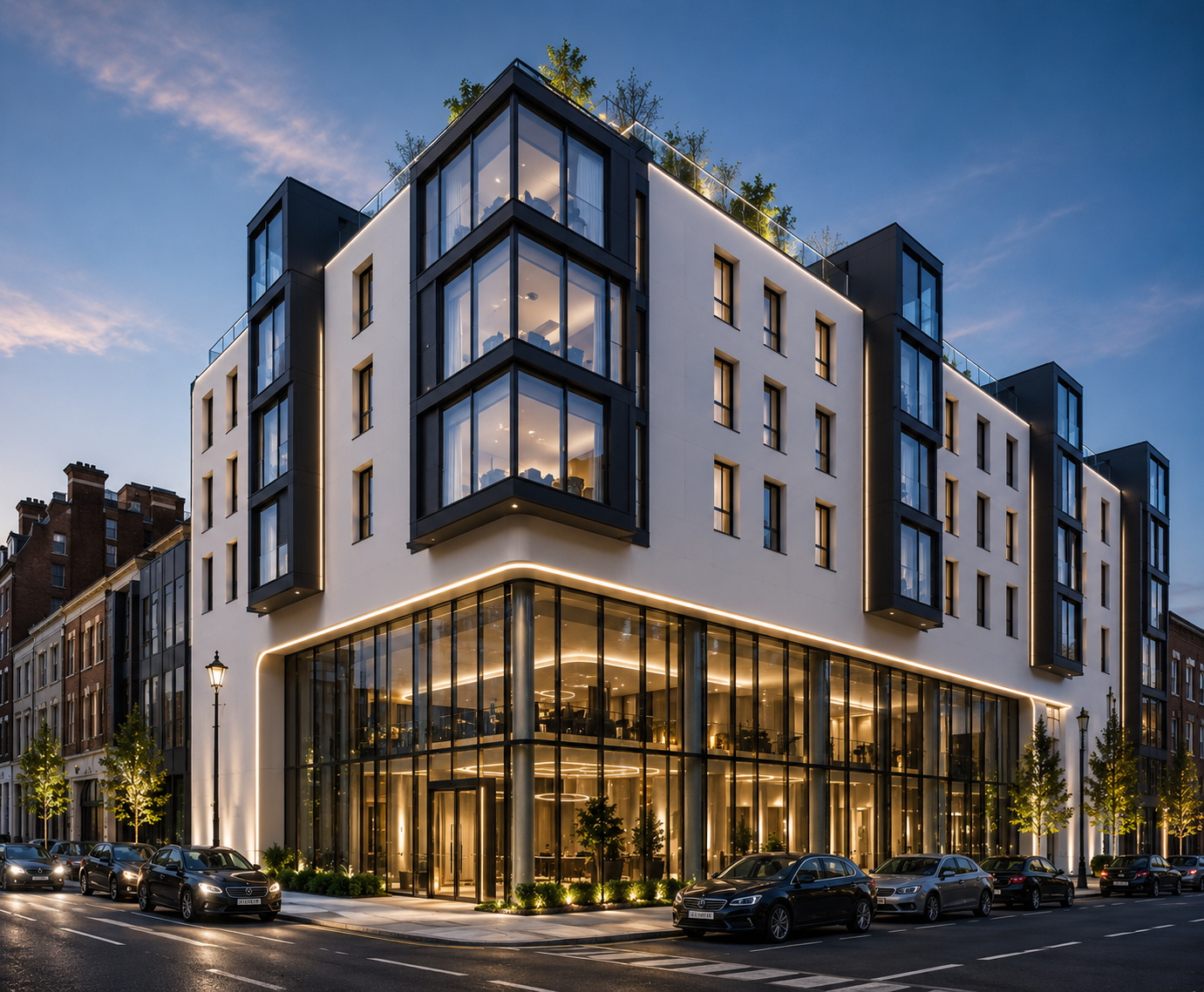 London clinic exterior at dusk