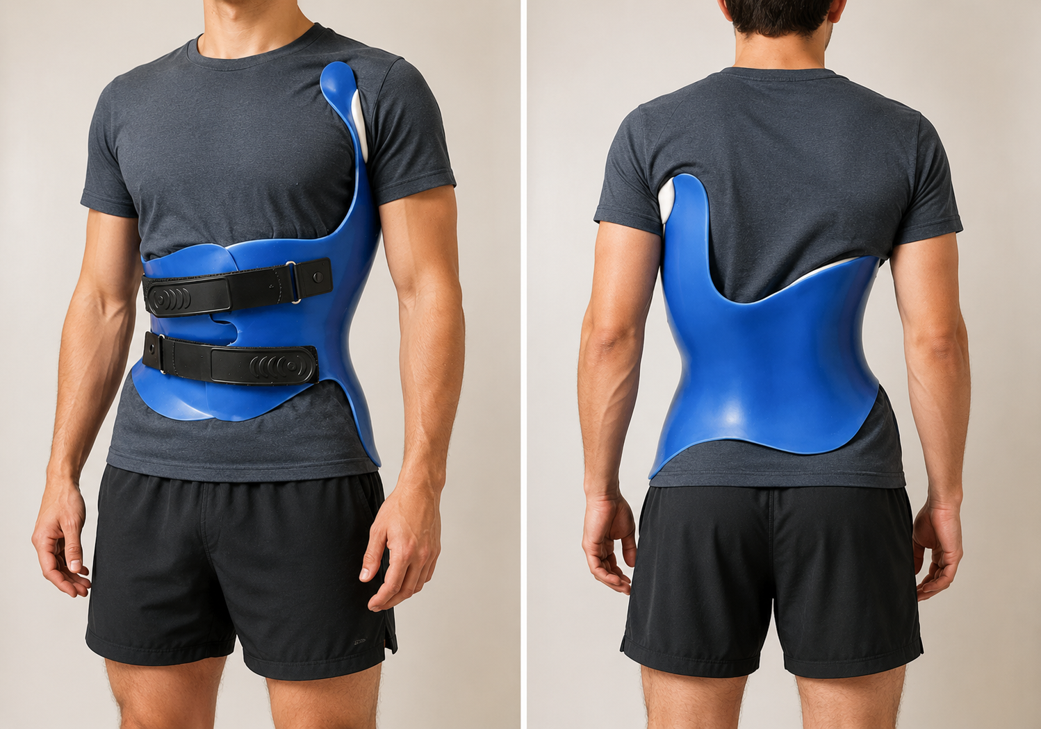 Front and back views of a custom-moulded thoracolumbosacral scoliosis brace worn over a t-shirt