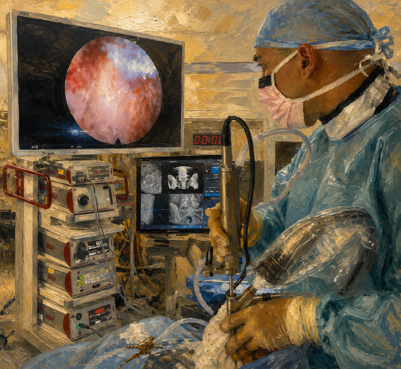 Surgeon using Precision Technology navigation and endoscopic imaging in theatre