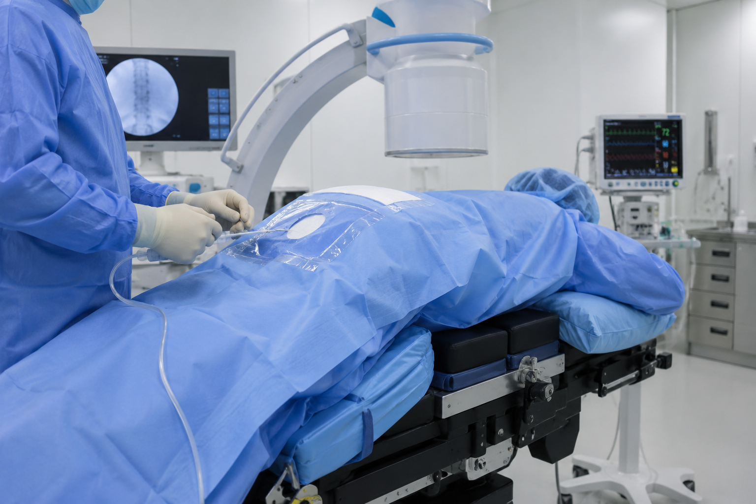 Surgeon in sterile gown and gloves performing a fluoroscopy-guided epidural injection on a draped patient in a modern operating theatre