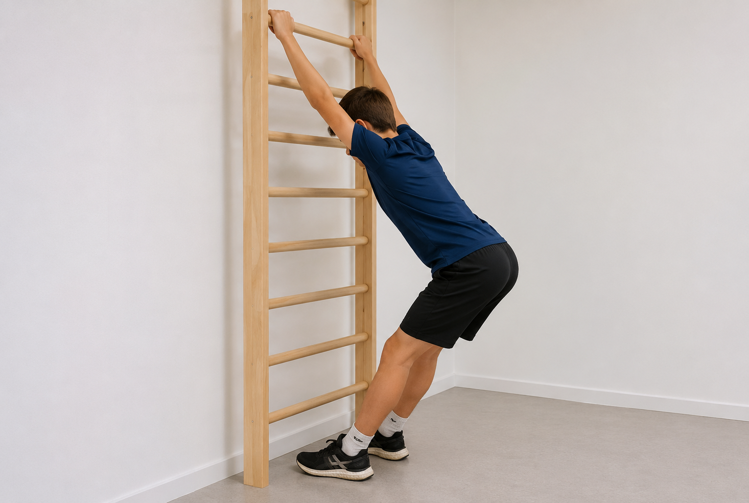 A teenager performing a Schroth elongation exercise hanging from wall bars