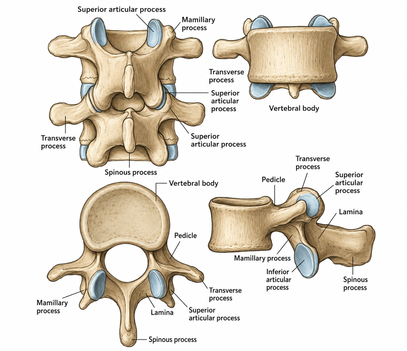 Four anatomical views of a lumbar vertebra showing the vertebral body, pedicles, lamina, spinous, transverse, articular and mamillary processes.