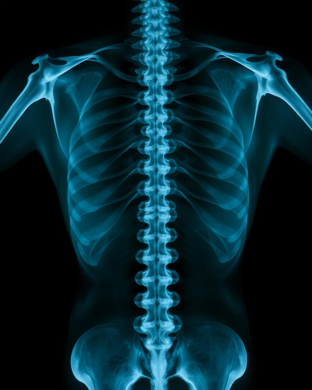 Standing full-spine X-ray showing a scoliotic curvature of the spine
